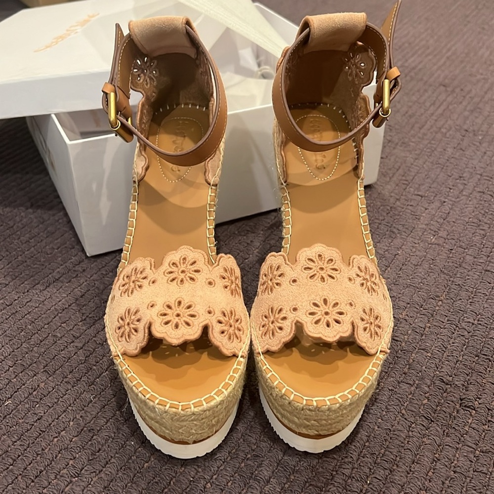 See By Chloe Floral LaserCut Suede Platform Espadrille Wedge Sandal